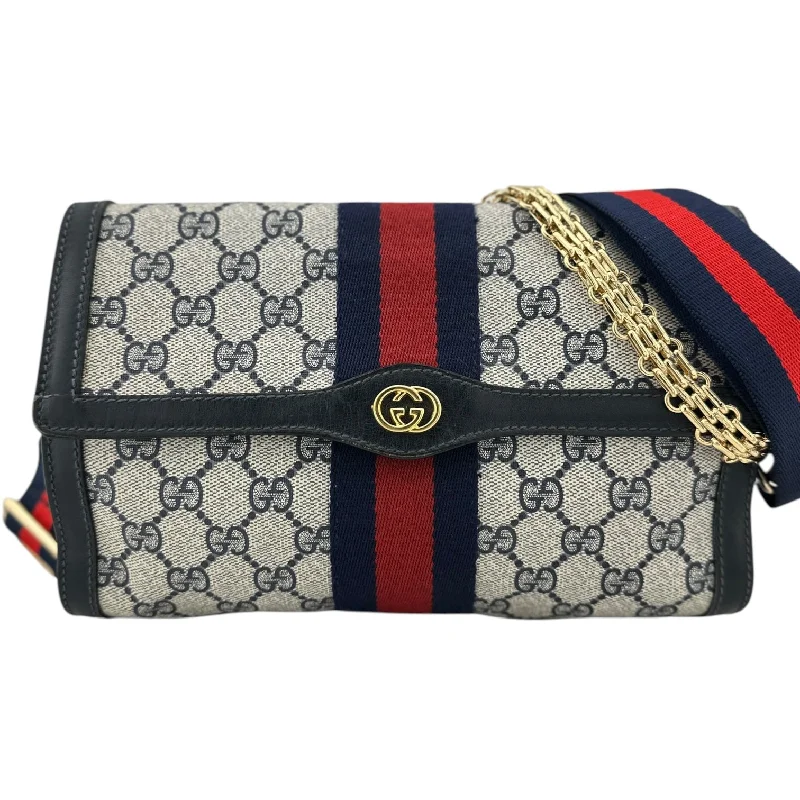 GUCCI Medium Navy Coated Canvas Ophidia Clutch with added Strap & Chain