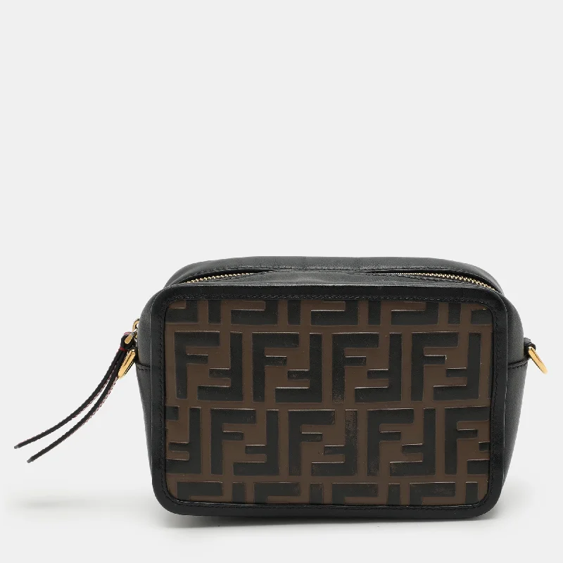Fendi Black/brown Ff Embossed Leather Mini Camera Crossbody Bag